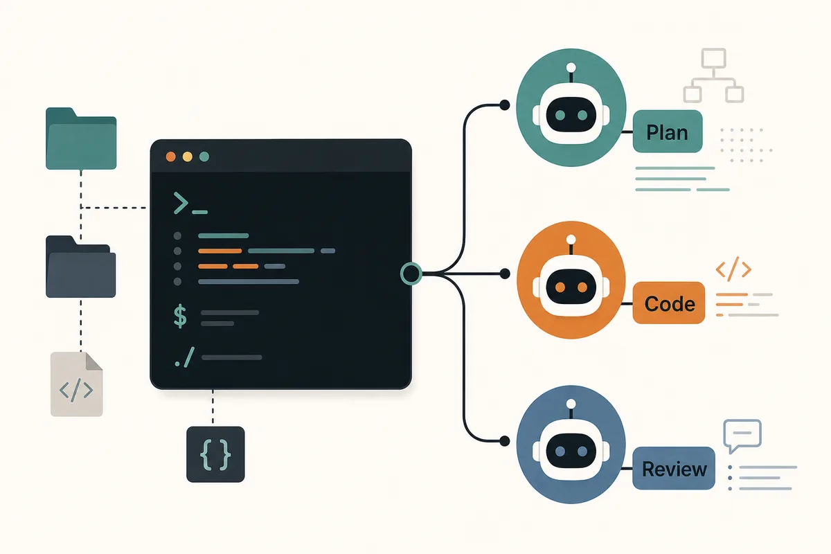 OpenCode terminal connected to planning, coding, and review agents