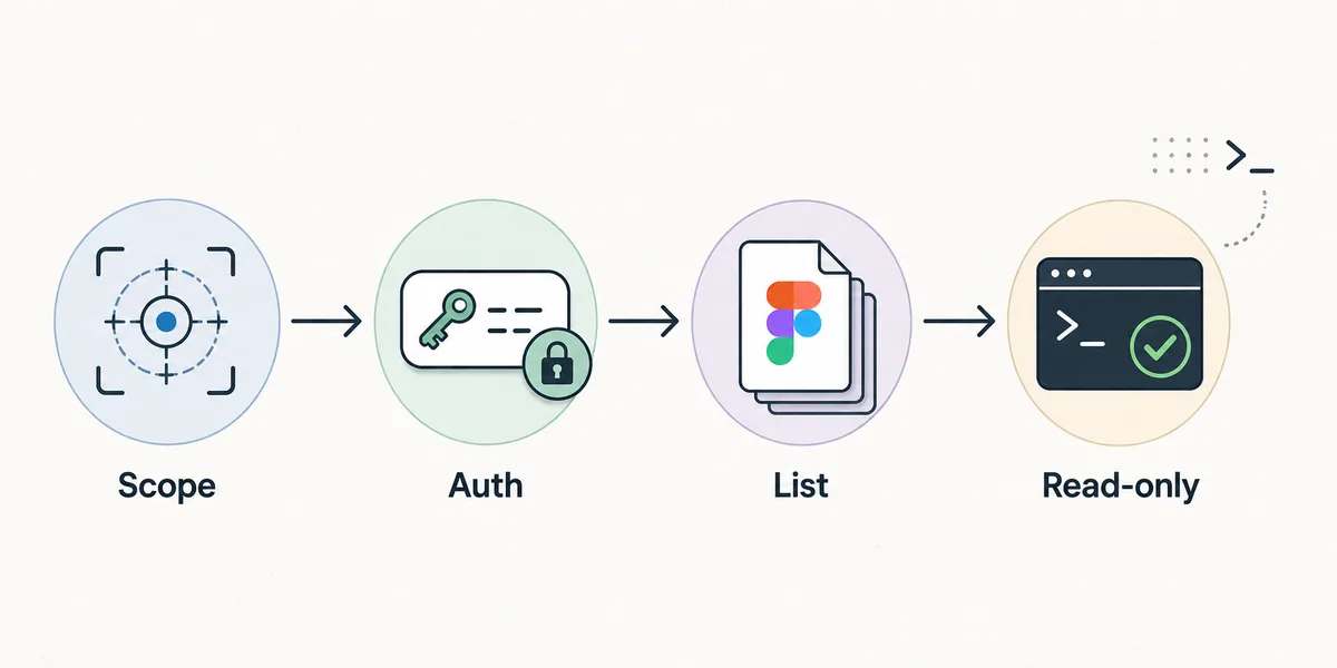 Four-step verification flow for Figma MCP in OpenCode: scope, auth, list, read-only