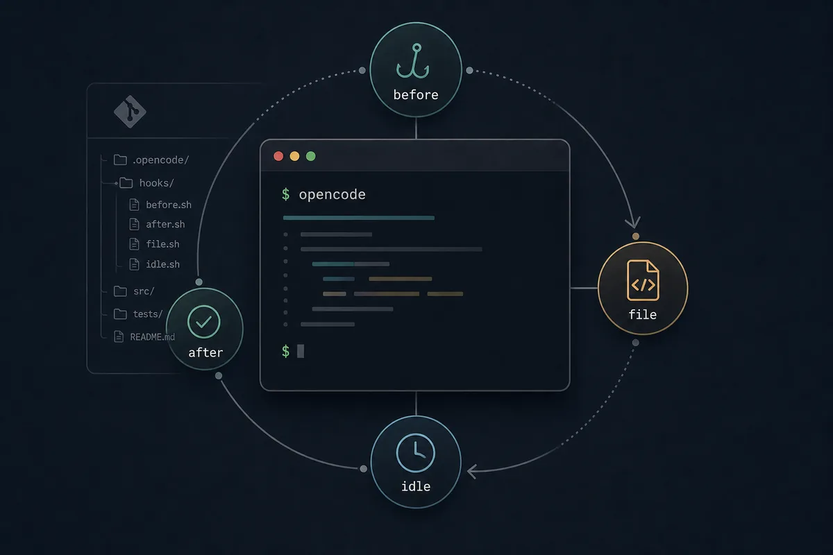 OpenCode hook lifecycle around a terminal, repository, and event checkpoints