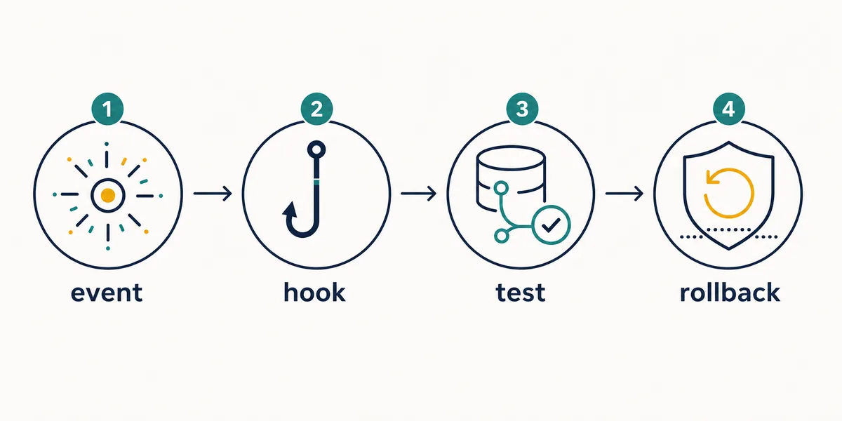 Four-step OpenCode hook safety flow from event choice to rollback