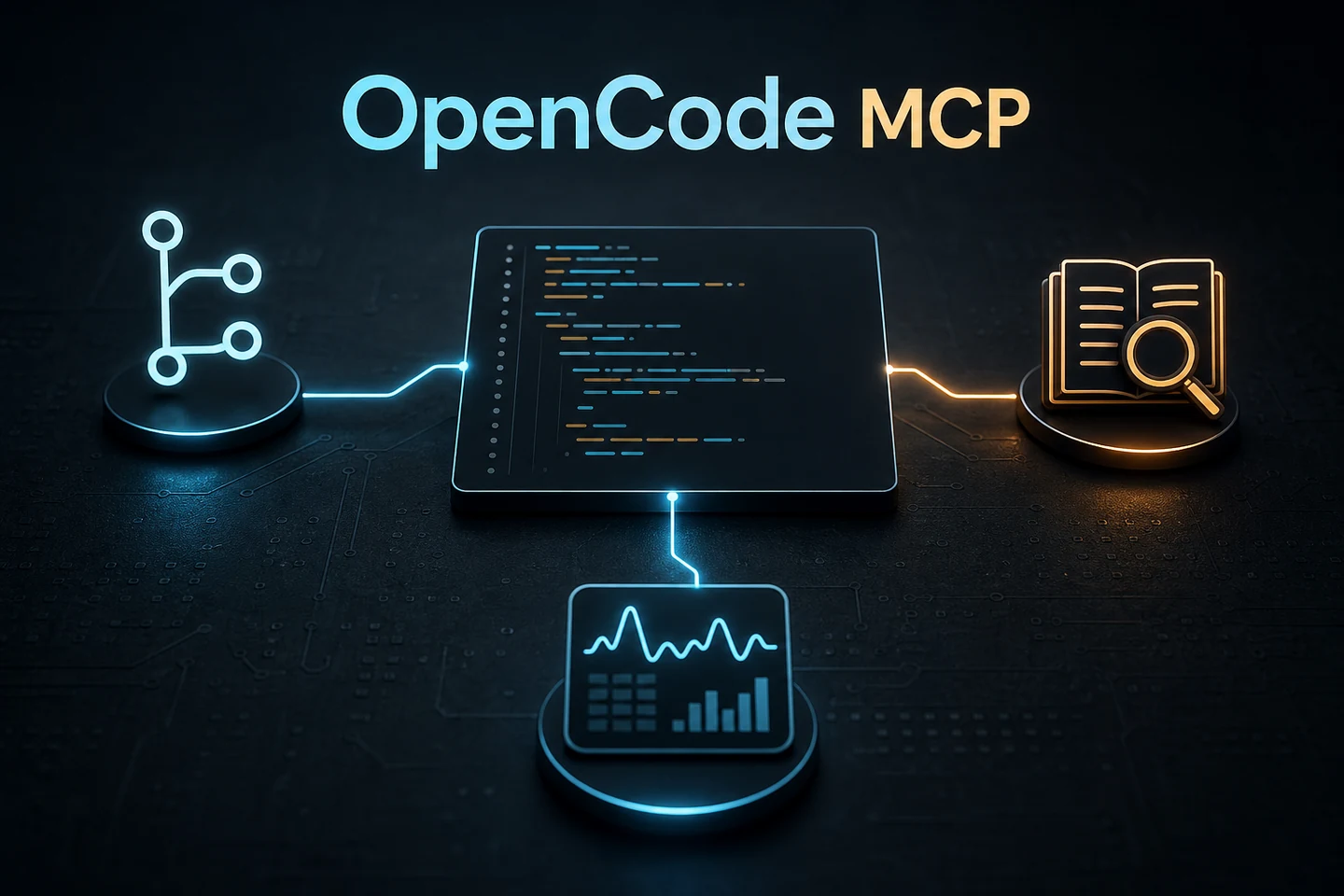Editorial diagram showing OpenCode connected to source control, documentation, and monitoring through MCP
