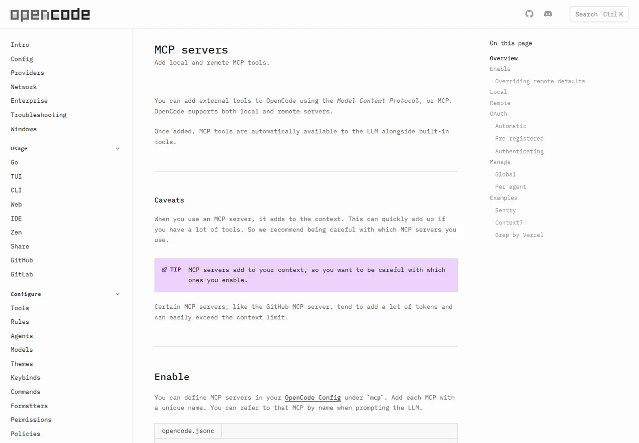 OpenCode official MCP server documentation showing enablement and context warnings