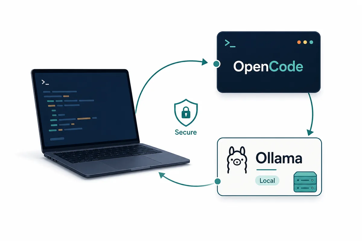 OpenCode connected to Ollama as a local model provider on a developer laptop