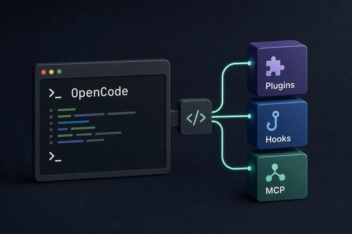 OpenCode terminal connected to plugin, hook, and MCP modules