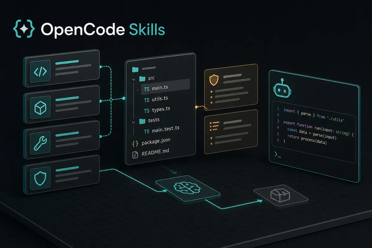OpenCode Skills workflow connecting reusable instructions to project files and an AI coding terminal