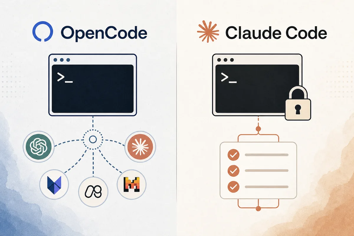 Editorial comparison of OpenCode provider flexibility and Claude Code integrated workflow