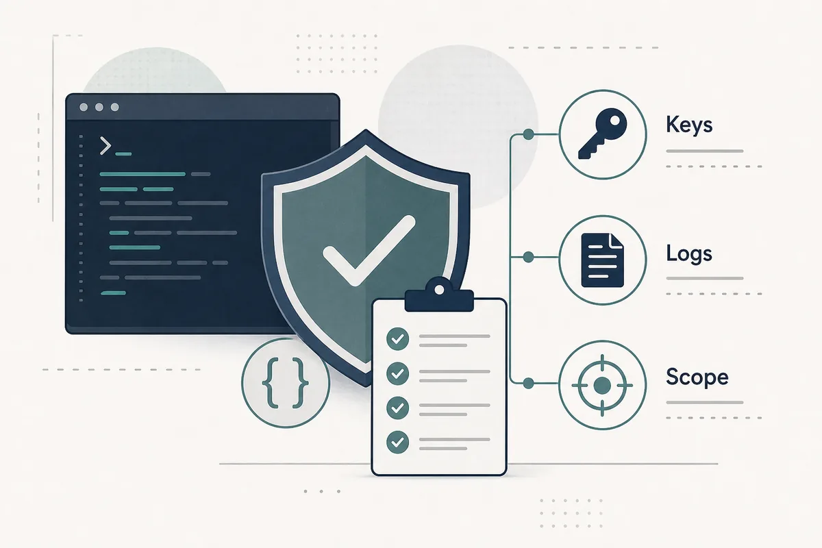 Safety checklist for AI coding tools covering keys logs and scope