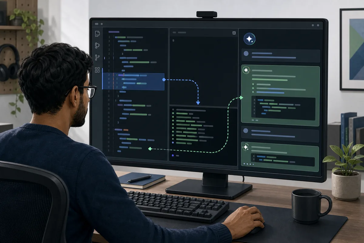 Developer reviewing a selected code block, integrated terminal, and OpenCode workflow in one IDE workspace